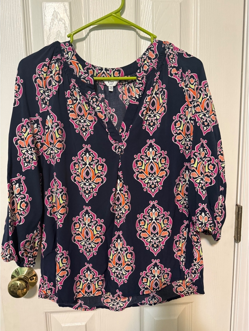Crown & Ivy Petite PM Navy Blue and Pink Patterned Blouse